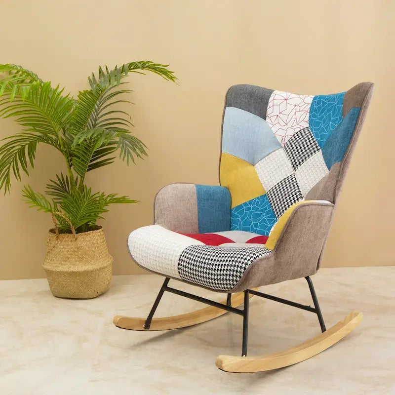 Fauteuil à bascule en lin patchwork avec piètement en bois et structure en métal