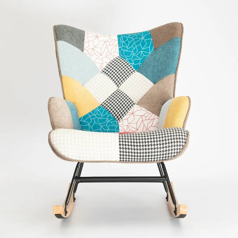 Fauteuil à bascule en lin patchwork avec piètement en bois et structure en métal