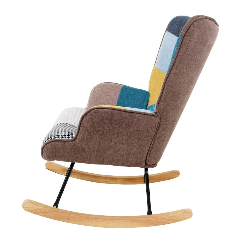 Fauteuil à bascule en lin patchwork avec piètement en bois et structure en métal