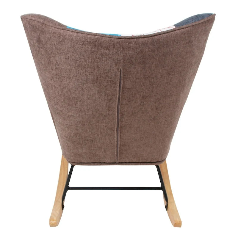 Fauteuil à bascule en lin patchwork avec piètement en bois et structure en métal