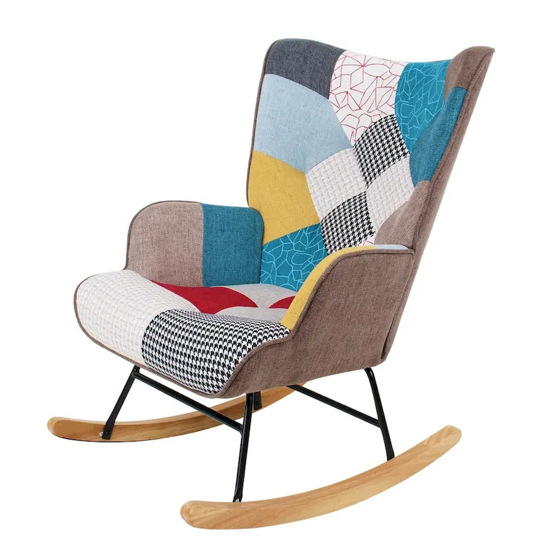 Fauteuil à bascule en lin patchwork avec piètement en bois et structure en métal