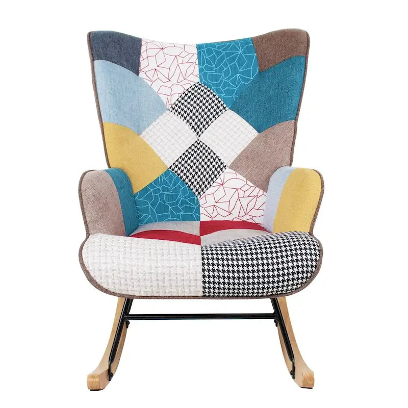 Fauteuil à bascule en lin patchwork avec piètement en bois et structure en métal