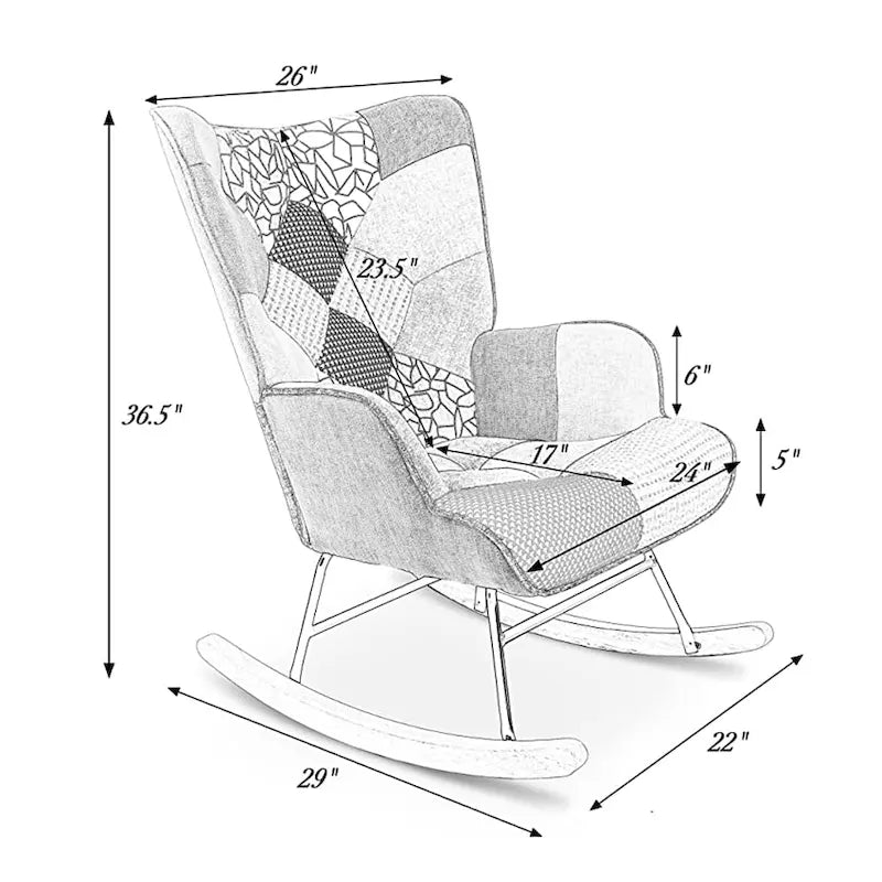 Fauteuil à bascule en lin patchwork avec piètement en bois et structure en métal