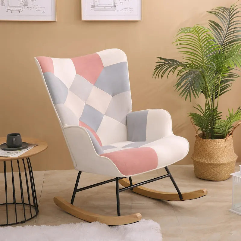 Fauteuil à bascule en lin patchwork avec piètement en bois et structure en métal