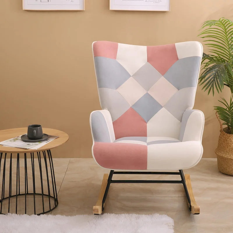 Fauteuil à bascule en lin patchwork avec piètement en bois et structure en métal