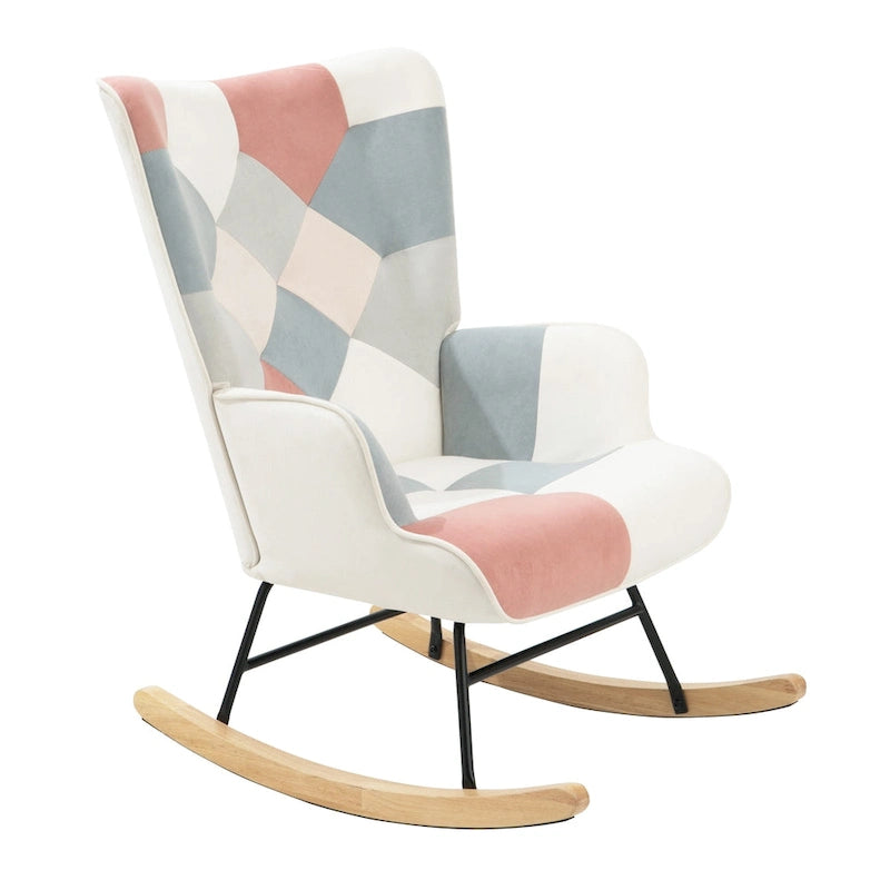 Fauteuil à bascule en lin patchwork avec piètement en bois et structure en métal
