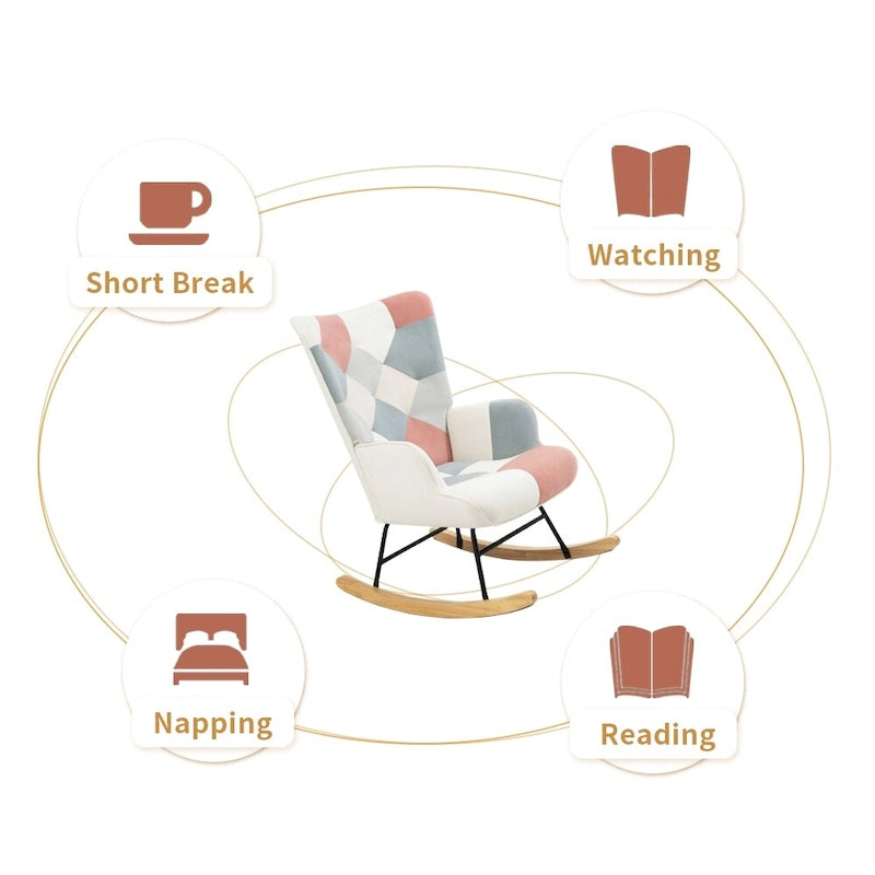 Fauteuil à bascule en lin patchwork avec piètement en bois et structure en métal