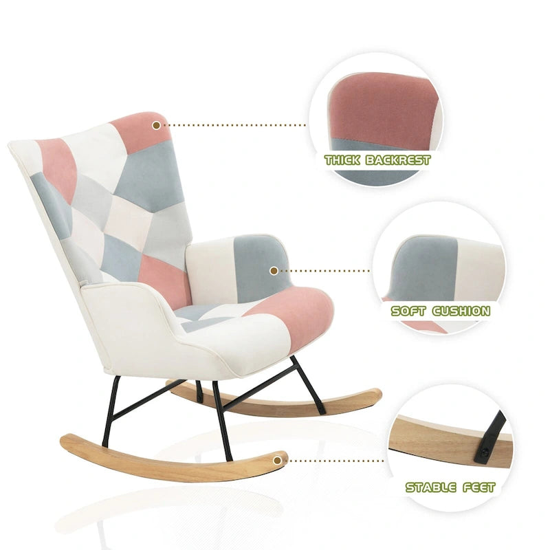 Fauteuil à bascule en lin patchwork avec piètement en bois et structure en métal