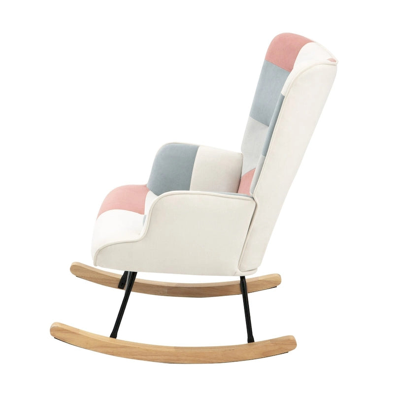 Fauteuil à bascule en lin patchwork avec piètement en bois et structure en métal