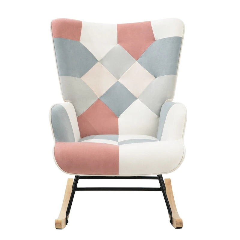 Fauteuil à bascule en lin patchwork avec piètement en bois et structure en métal