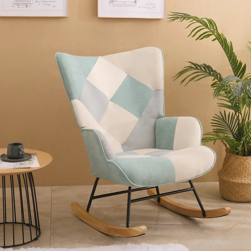 Fauteuil à bascule en lin patchwork avec piètement en bois et structure en métal