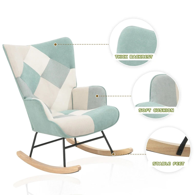 Fauteuil à bascule en lin patchwork avec piètement en bois et structure en métal