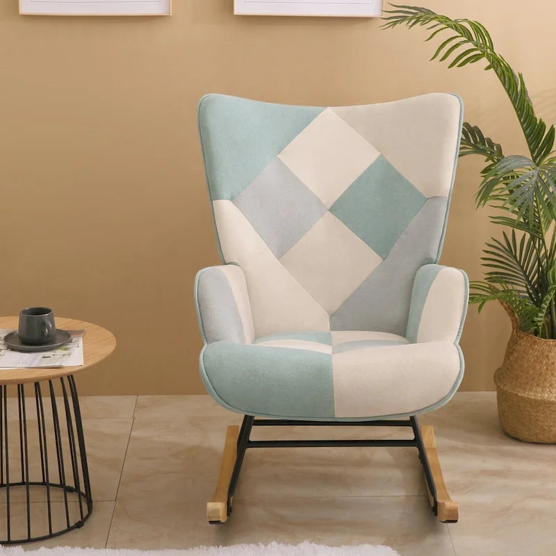Fauteuil à bascule en lin patchwork avec piètement en bois et structure en métal