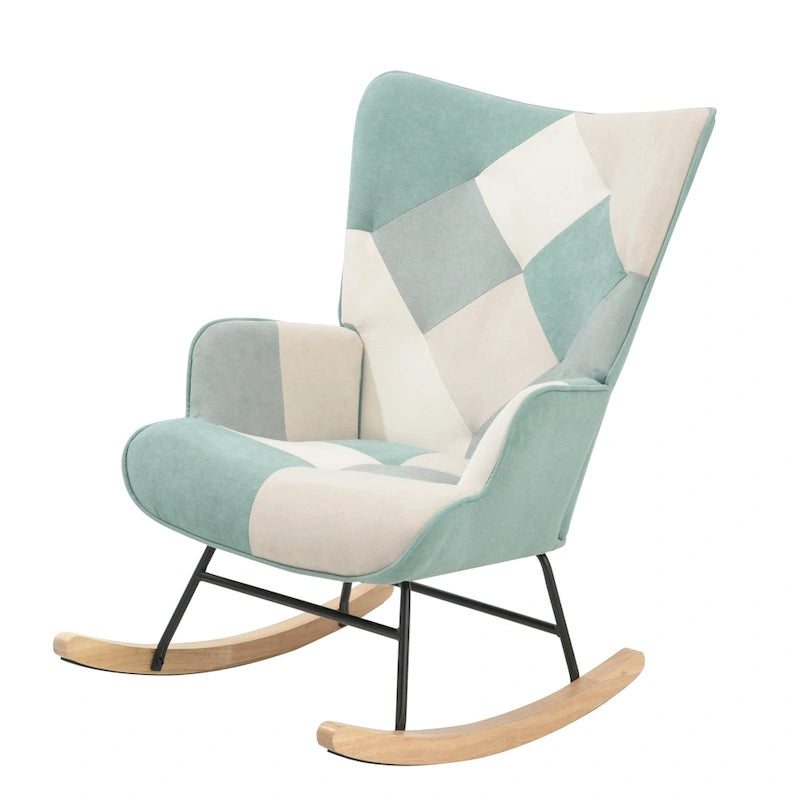 Fauteuil à bascule en lin patchwork avec piètement en bois et structure en métal