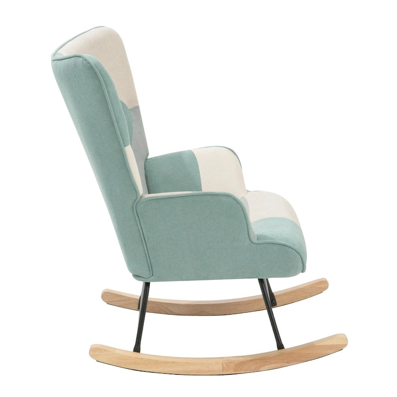 Fauteuil à bascule en lin patchwork avec piètement en bois et structure en métal
