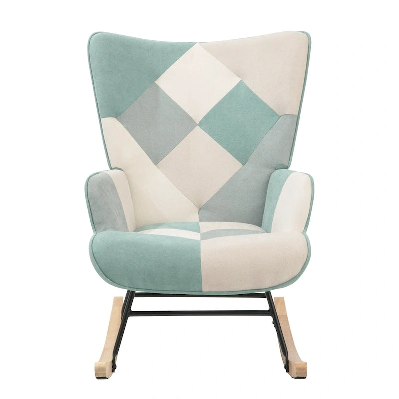 Fauteuil à bascule en lin patchwork avec piètement en bois et structure en métal