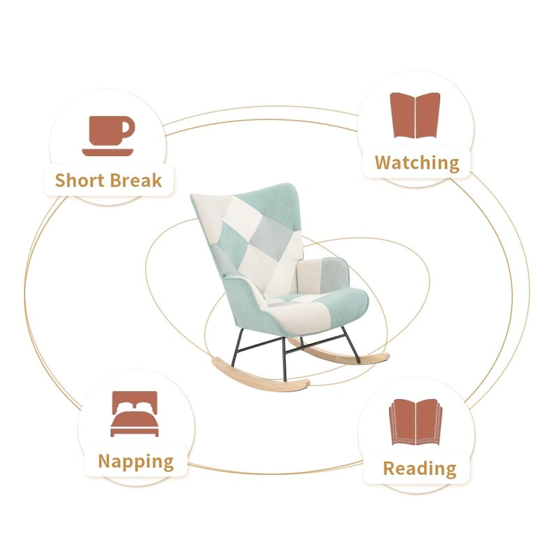 Fauteuil à bascule en lin patchwork avec piètement en bois et structure en métal