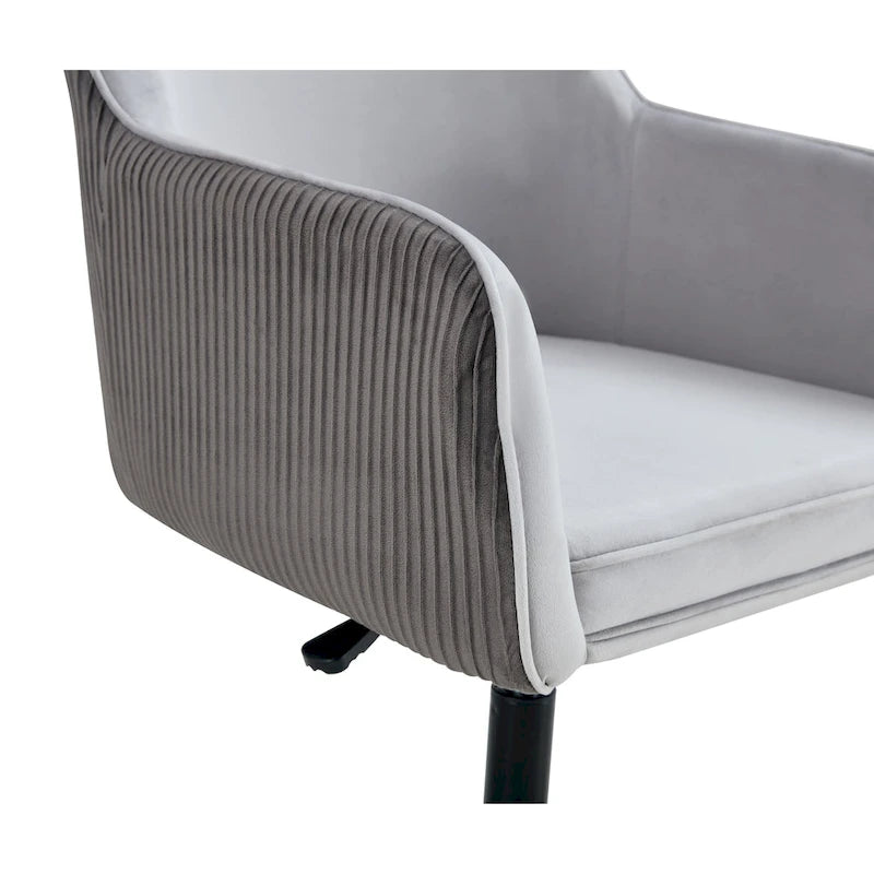 Fauteuil d'appoint pivotant en velours gris avec dossier côtelé et hauteur réglable