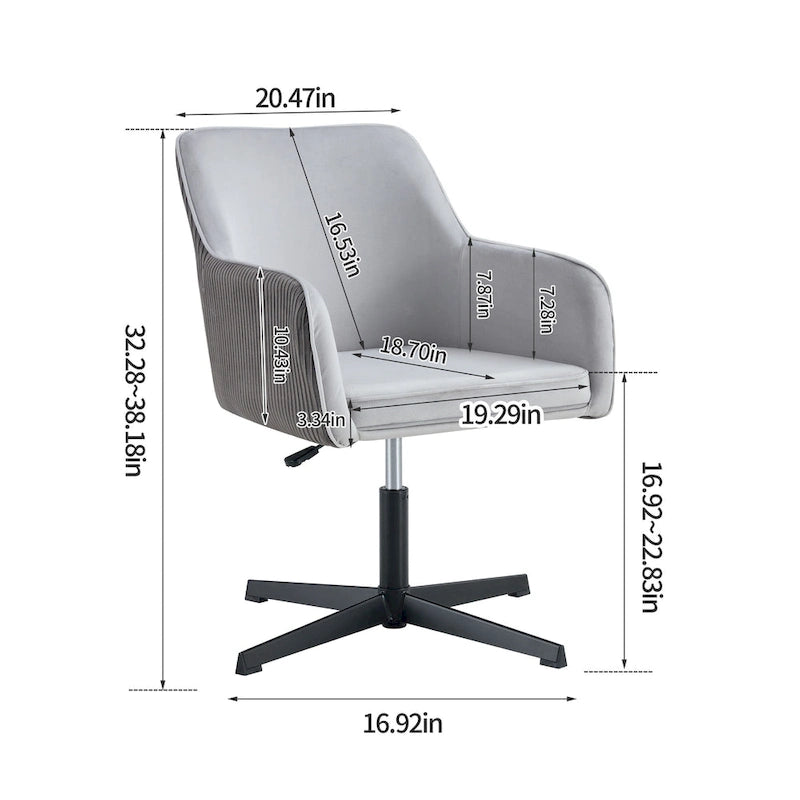 Fauteuil d'appoint pivotant en velours gris avec dossier côtelé et hauteur réglable