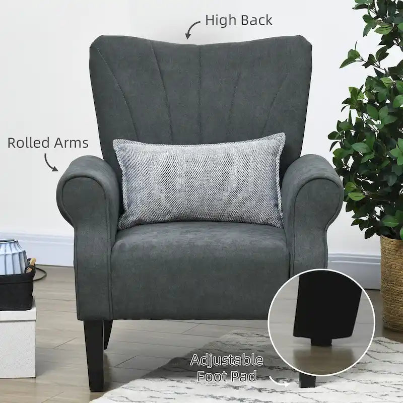 Fauteuil d'appoint rembourré à dossier haut gris foncé avec accoudoirs roulés