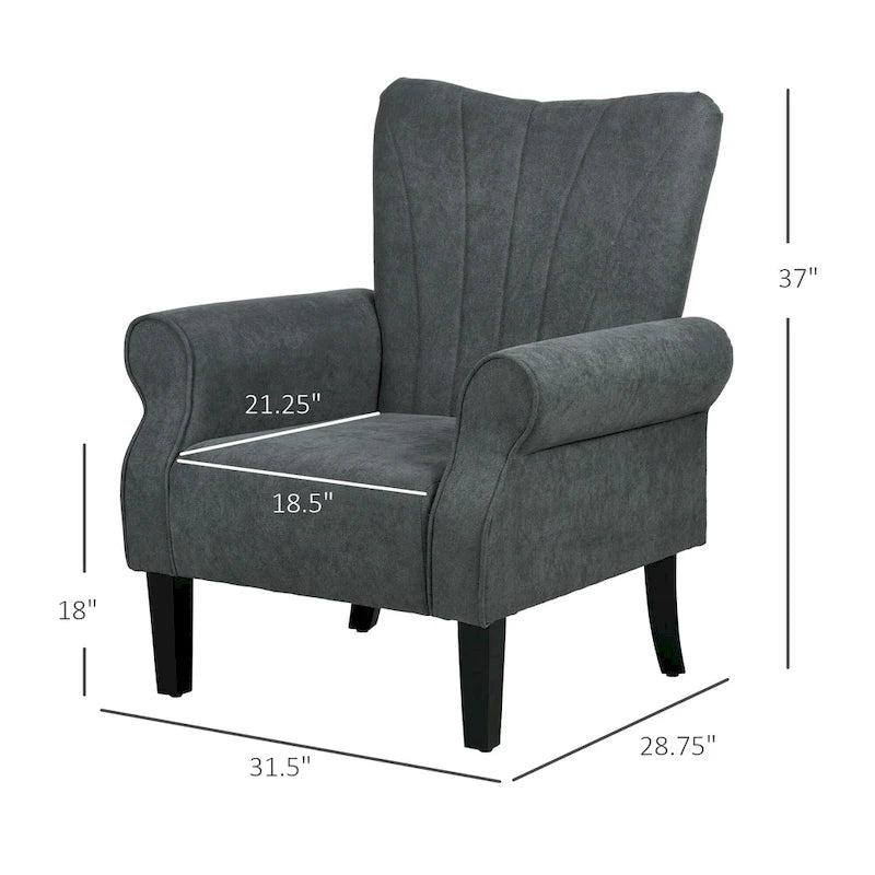 Fauteuil d'appoint rembourré à dossier haut gris foncé avec accoudoirs roulés