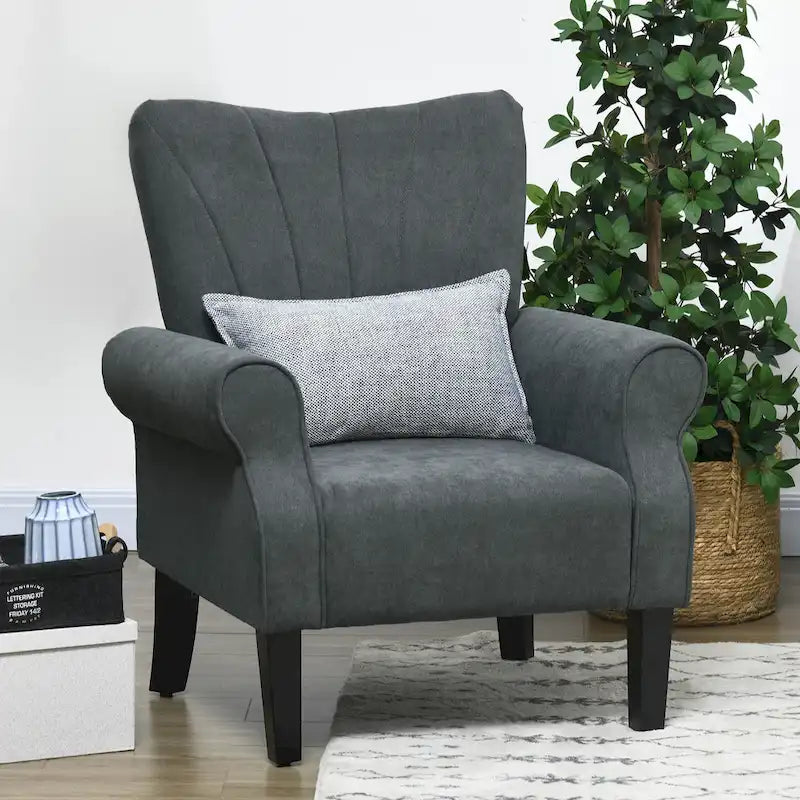 Fauteuil d'appoint rembourré à dossier haut gris foncé avec accoudoirs roulés