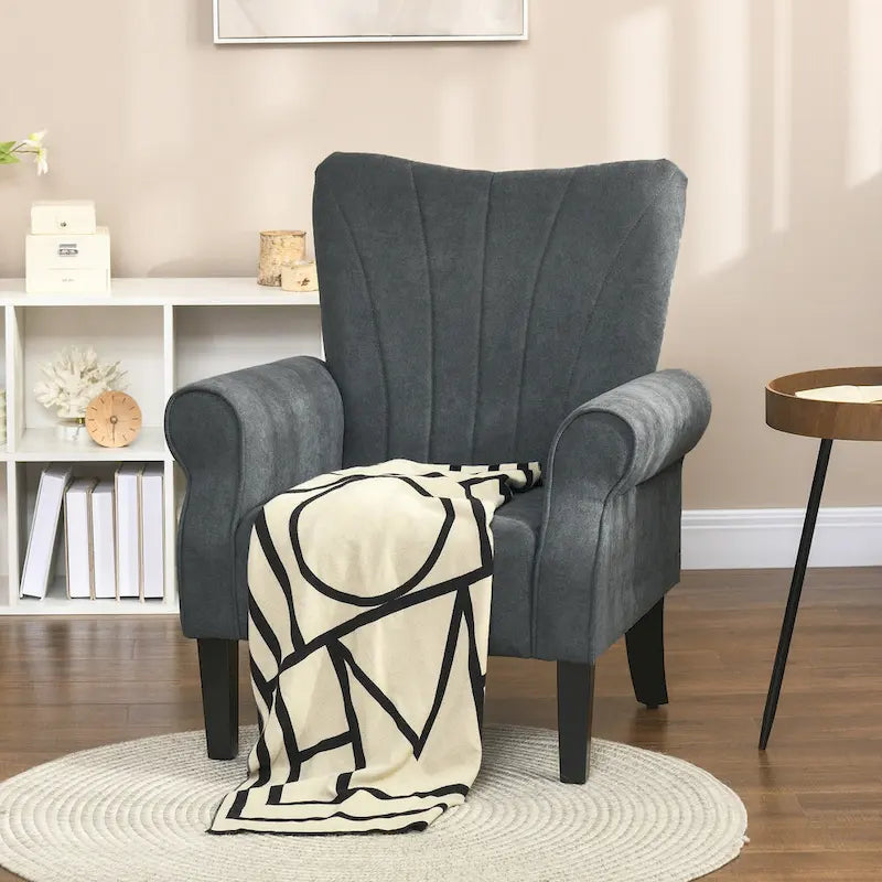 Fauteuil d'appoint rembourré à dossier haut gris foncé avec accoudoirs roulés