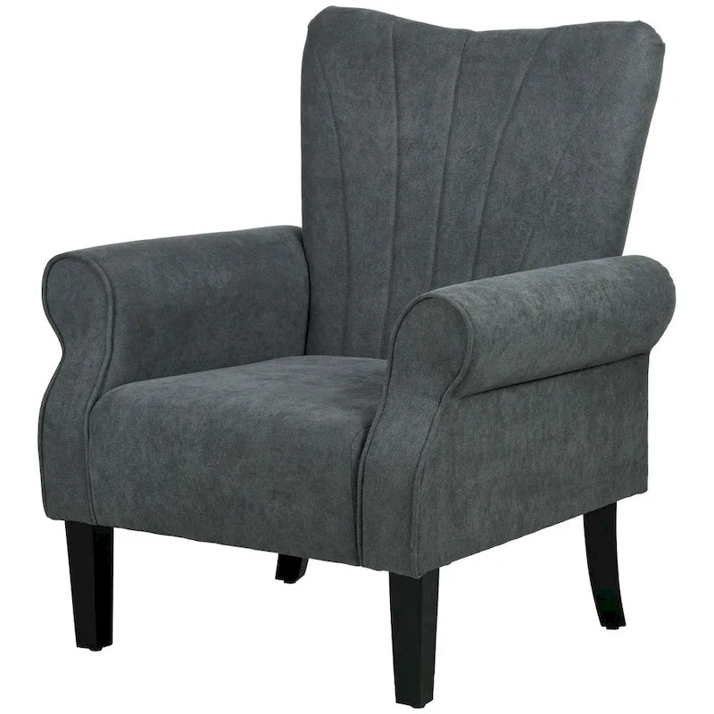 Fauteuil d'appoint rembourré à dossier haut gris foncé avec accoudoirs roulés