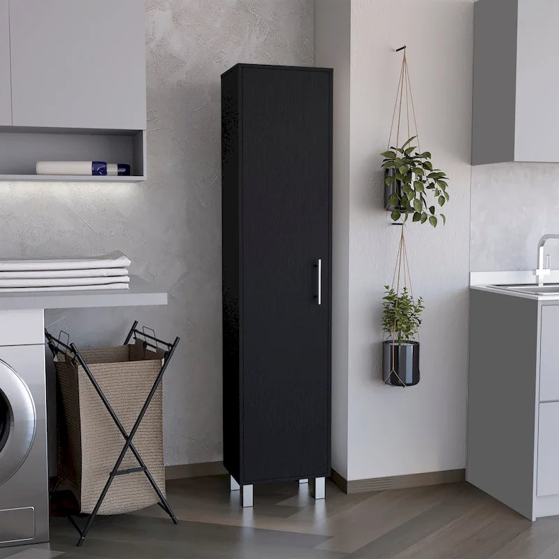 Meuble de rangement haut et étroit avec portes, étagères et support à balais Blanc