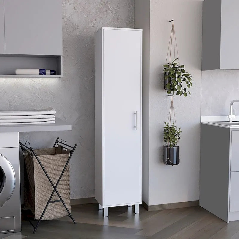 Meuble de rangement haut et étroit avec portes, étagères et support à balais Blanc