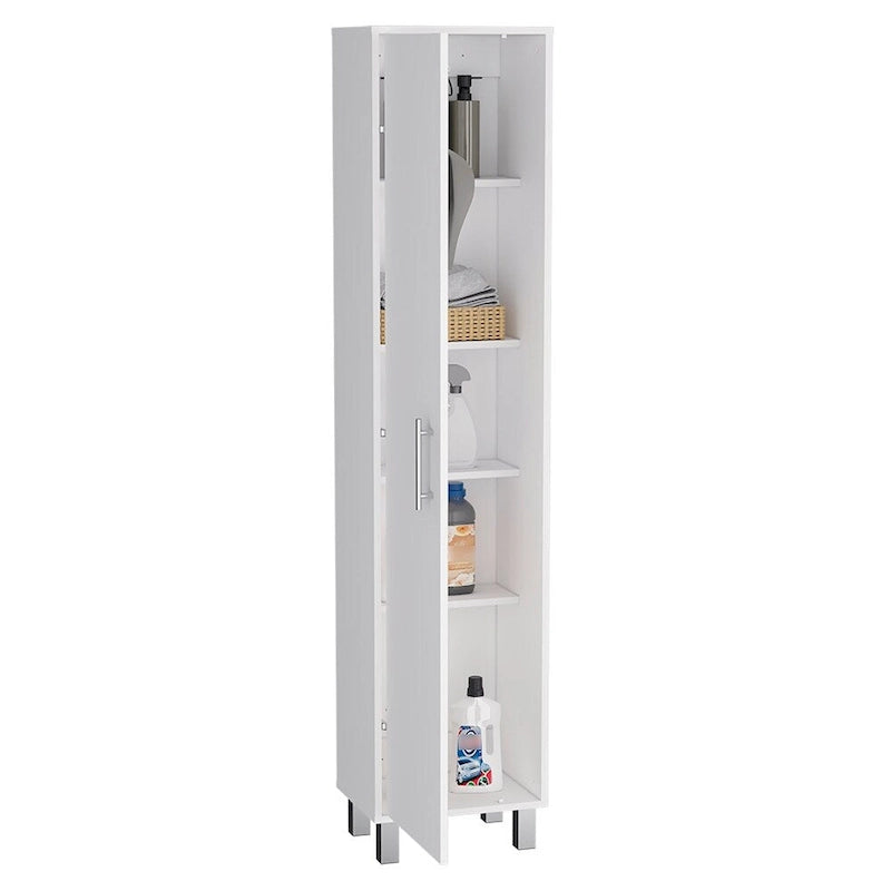 Meuble de rangement haut et étroit avec portes, étagères et support à balais Blanc