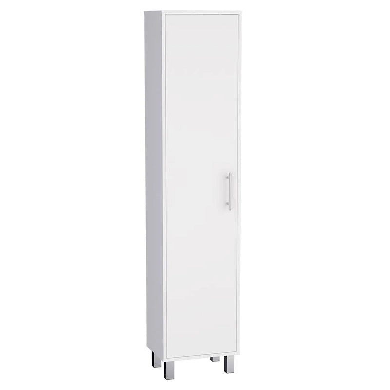 Meuble de rangement haut et étroit avec portes, étagères et support à balais Blanc