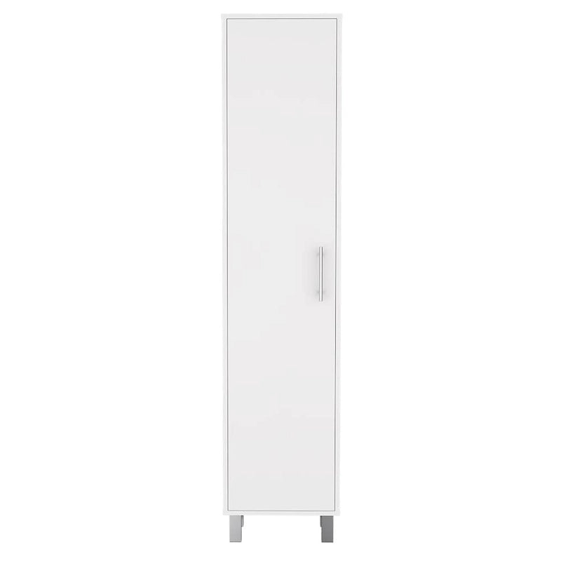 Meuble de rangement haut et étroit avec portes, étagères et support à balais Blanc