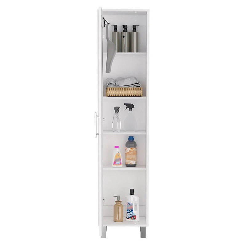 Meuble de rangement haut et étroit avec portes, étagères et support à balais Blanc