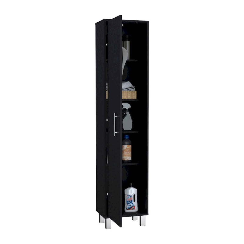 Meuble de rangement haut et étroit avec portes, étagères et support à balais Blanc