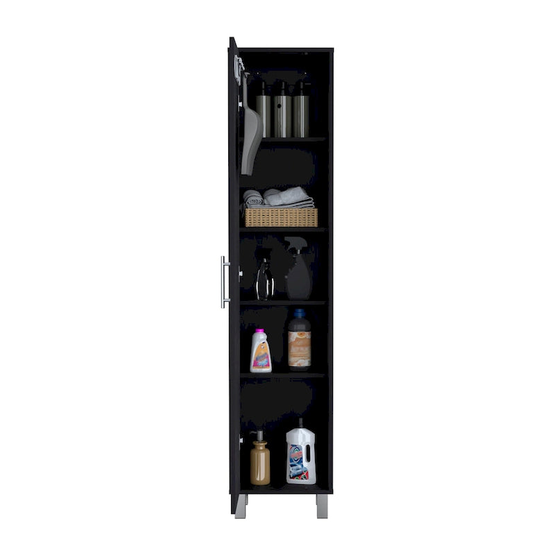 Meuble de rangement haut et étroit avec portes, étagères et support à balais Blanc