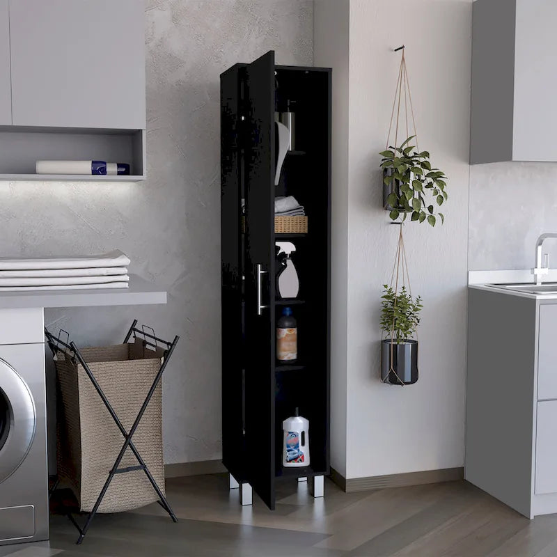 Meuble de rangement haut et étroit avec portes, étagères et support à balais Blanc