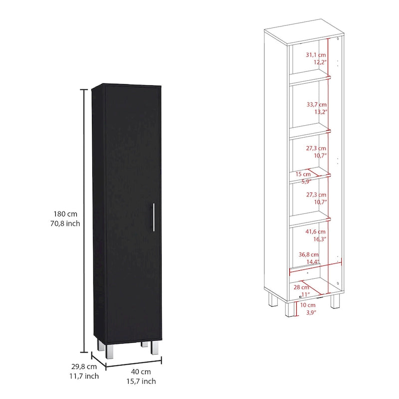 Meuble de rangement haut et étroit avec portes, étagères et support à balais Blanc