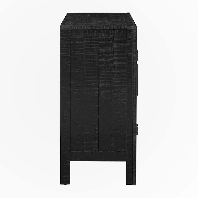 Meuble de rangement d'appoint noir vintage à deux portes avec côtés en rotin tressé