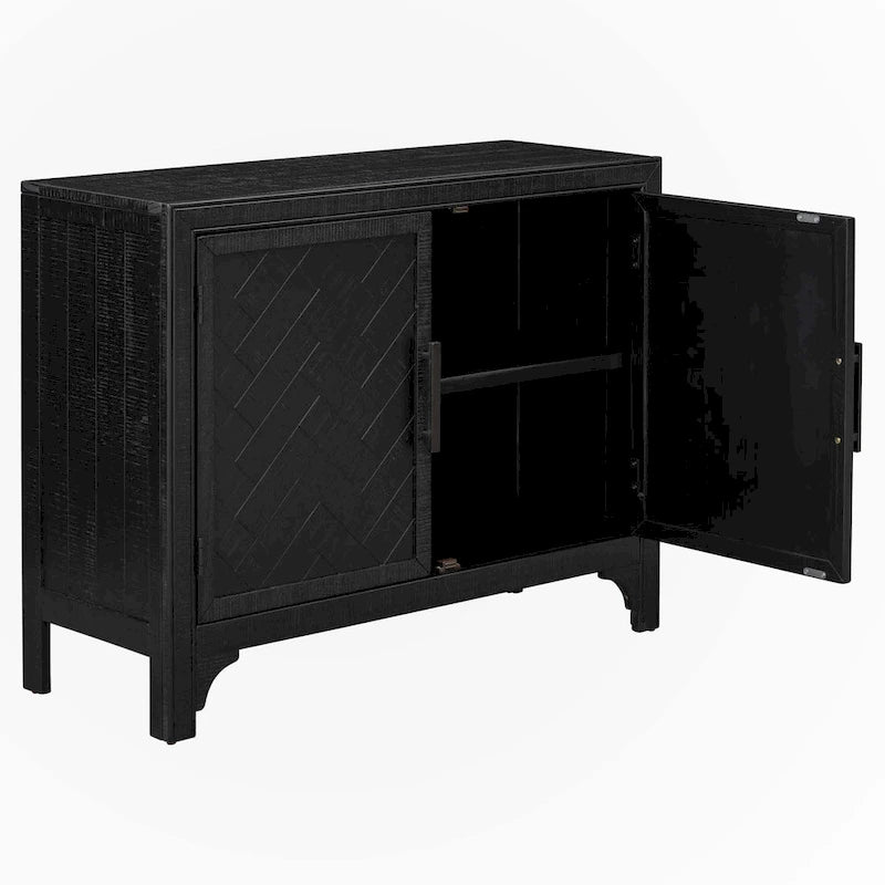 Meuble de rangement d'appoint noir vintage à deux portes avec côtés en rotin tressé