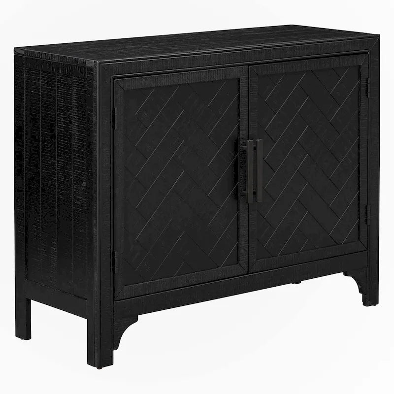 Meuble de rangement d'appoint noir vintage à deux portes avec côtés en rotin tressé