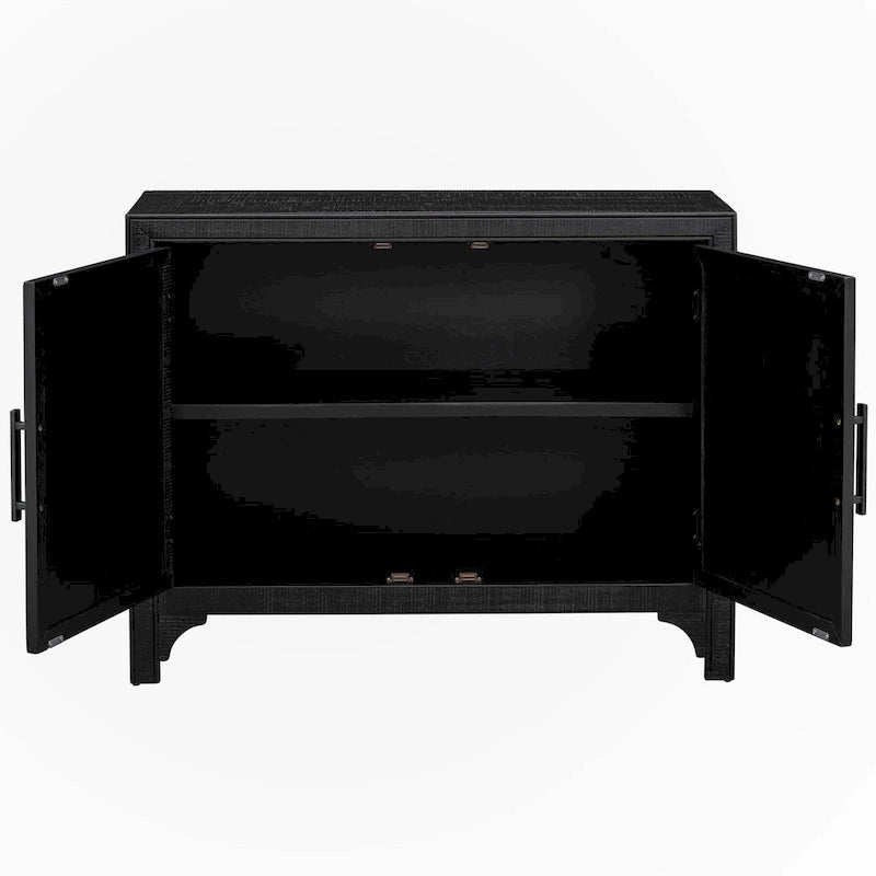 Meuble de rangement d'appoint noir vintage à deux portes avec côtés en rotin tressé