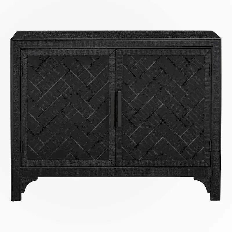Meuble de rangement d'appoint noir vintage à deux portes avec côtés en rotin tressé