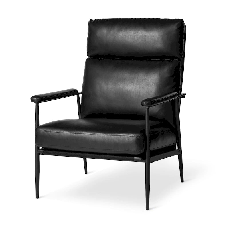 Fauteuil moderne du milieu du siècle à dossier haut en similicuir avec accoudoirs rembourrés, noir et marron
