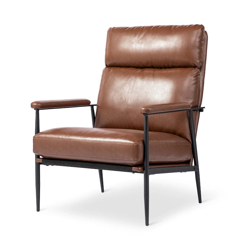 Fauteuil moderne du milieu du siècle à dossier haut en similicuir avec accoudoirs rembourrés, noir et marron