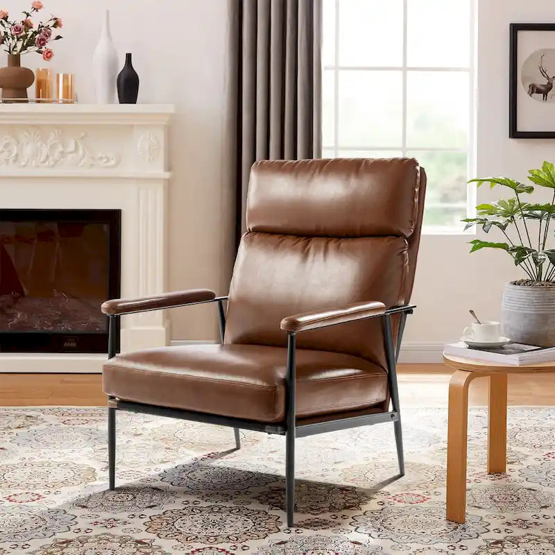 Fauteuil moderne du milieu du siècle à dossier haut en similicuir avec accoudoirs rembourrés, noir et marron