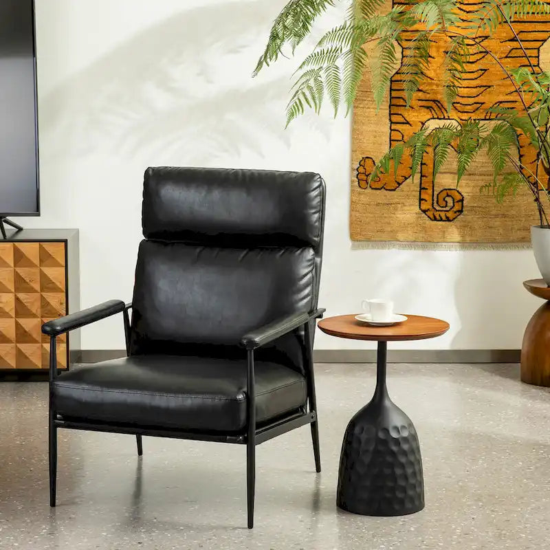 Fauteuil moderne du milieu du siècle à dossier haut en similicuir avec accoudoirs rembourrés, noir et marron