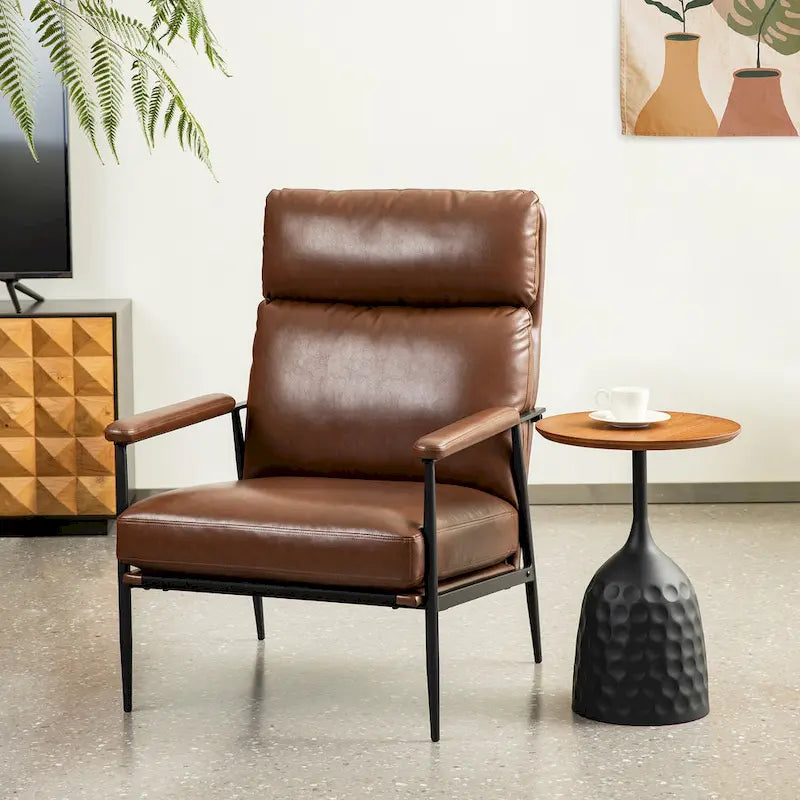 Fauteuil moderne du milieu du siècle à dossier haut en similicuir avec accoudoirs rembourrés, noir et marron