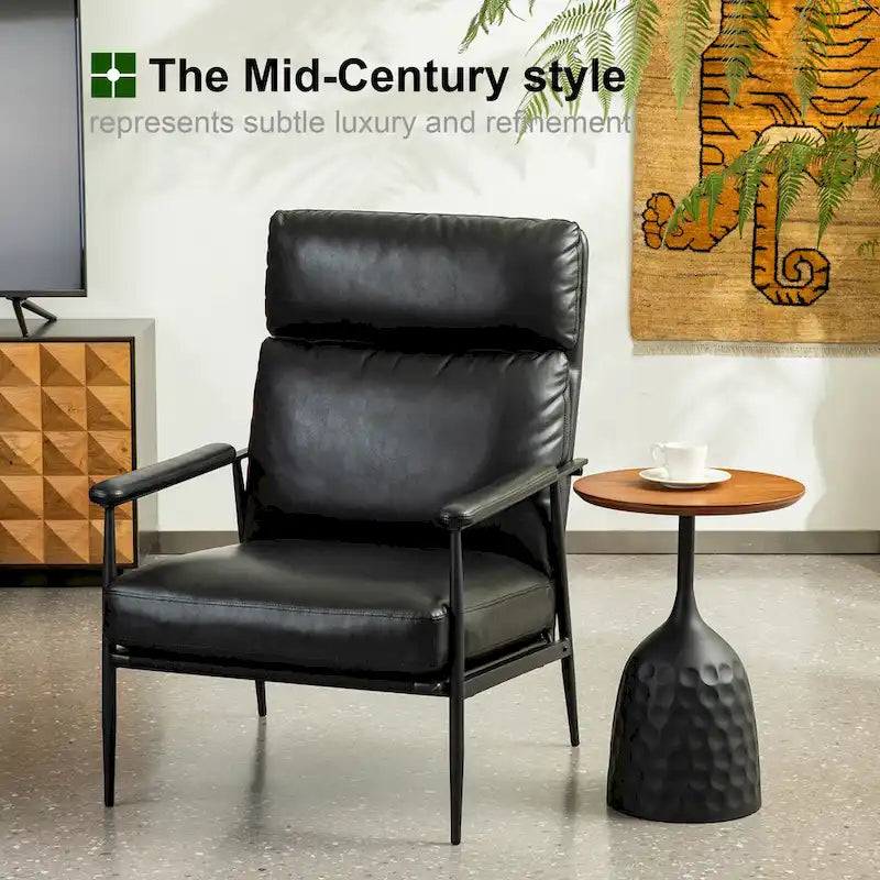 Fauteuil moderne du milieu du siècle à dossier haut en similicuir avec accoudoirs rembourrés, noir et marron