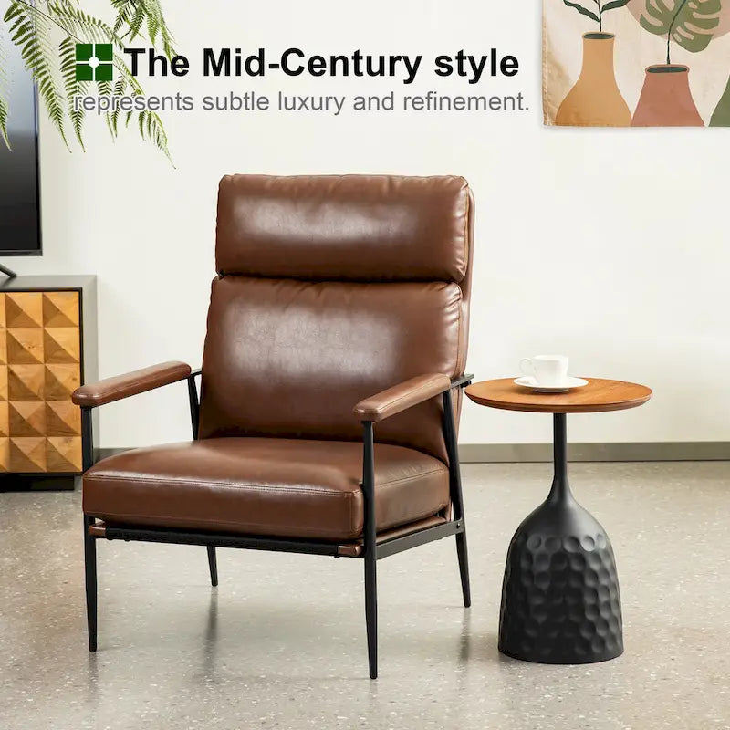 Fauteuil moderne du milieu du siècle à dossier haut en similicuir avec accoudoirs rembourrés, noir et marron